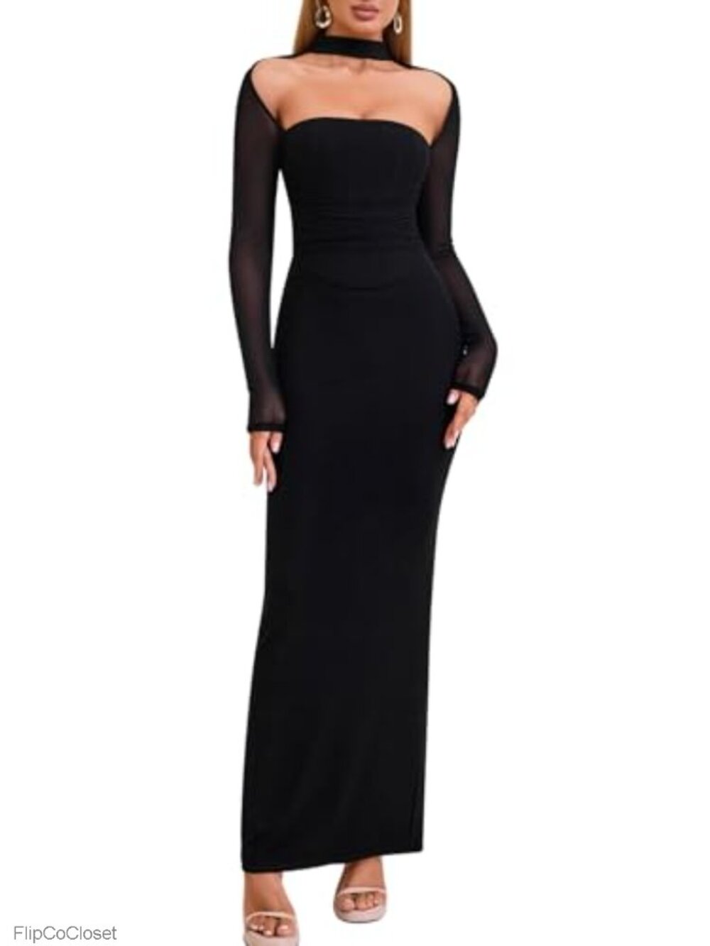 Long Sleeve Formal Maxi Dress Bodycon High Waist Halter Neck Fall
